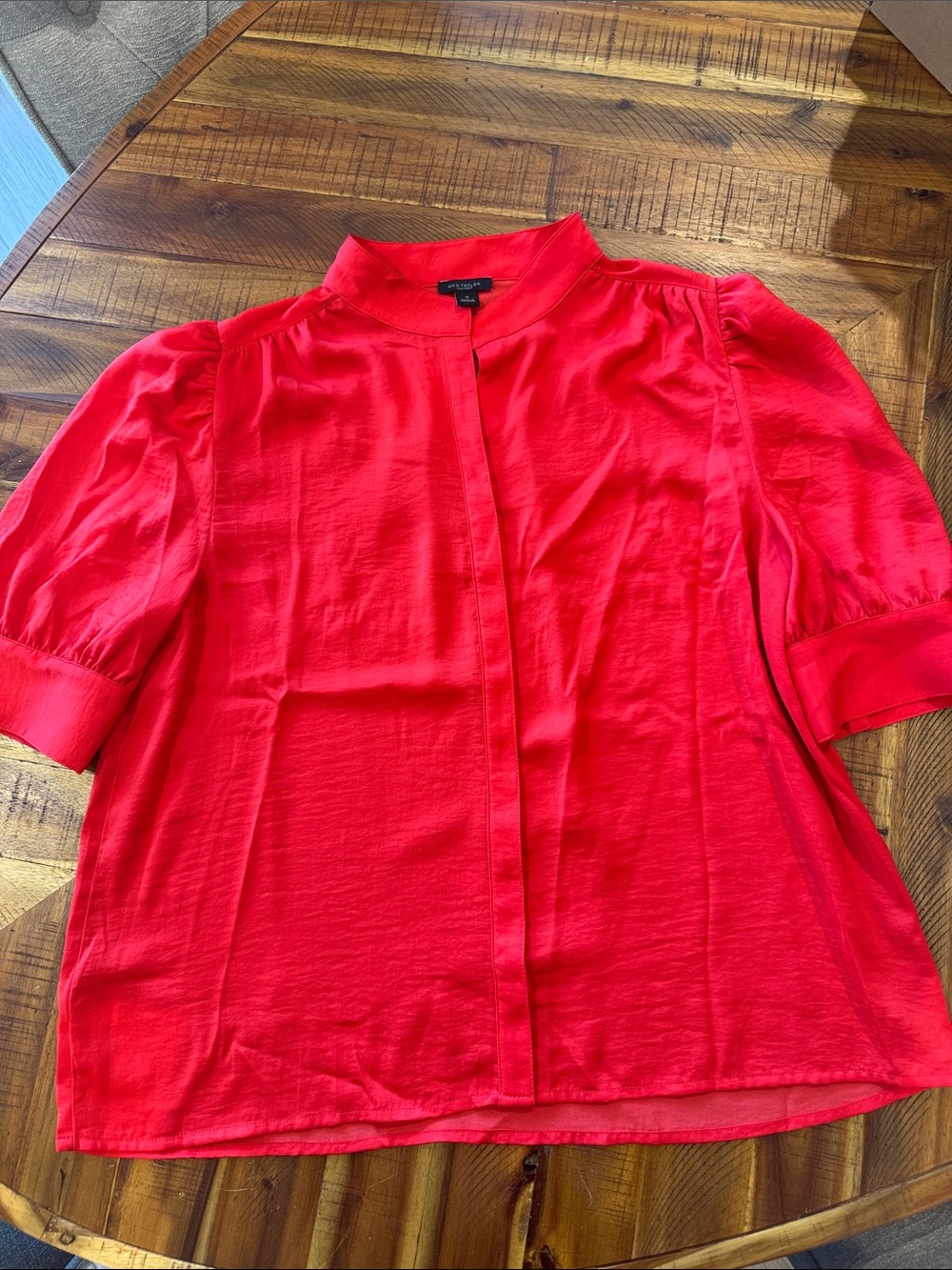 Ann Taylor Factory Bright Red Short-Sleeve Mandarin Blouse